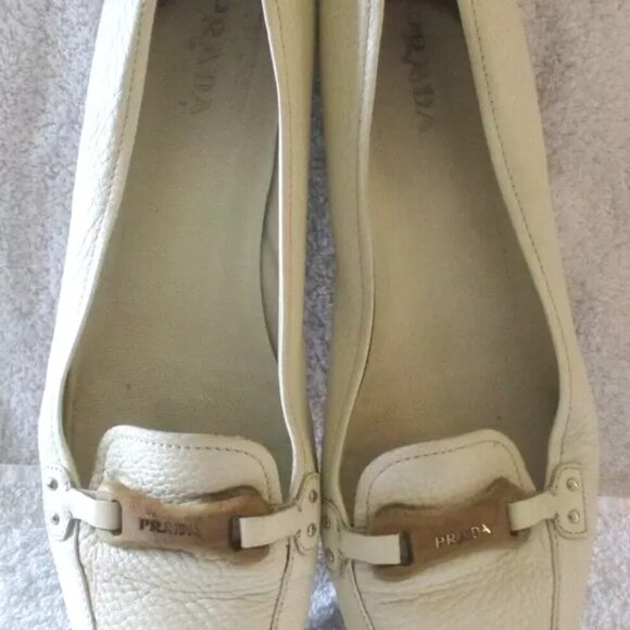 Women's Prada Off White Pebble Leather Logo Slip On Flats with Prada Dust Bag - Picture 2 of 6